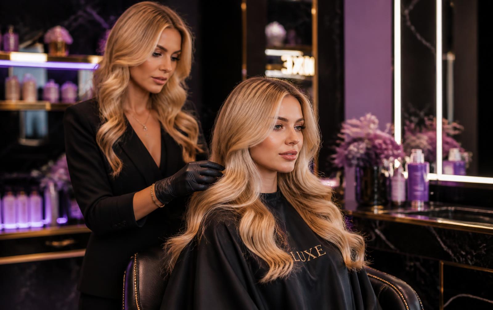 Cabeleireira loira finalizando o cabelo de uma cliente em salão sofisticado
