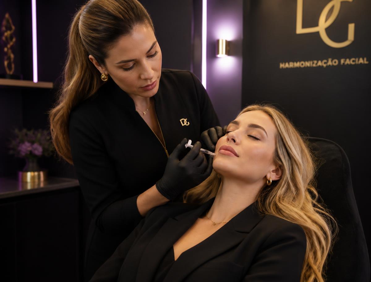 Profissional realizando harmonização facial em cliente loira em clínica refinada