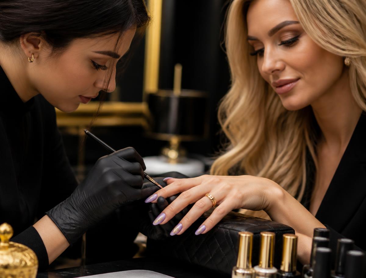 Nail designer aplicando esmalte lilás em cliente loira em salão sofisticado